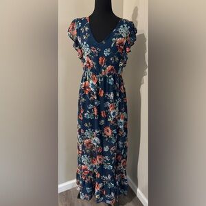Navy Floral Maxi Dress Flutter Sleeve V Neck Smocked Waist Ruffle Hem